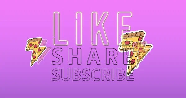 Multiple pizza slice icons over neon like share subscribe neon text banner against purple background. national pizza day awareness concept
