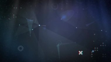 Animation of abstract shapes over plexus networks and light spot against blue background. Global networking and business technology concept