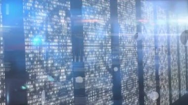 Işık noktalarının üzerinde veri işleme animasyonu. Küresel iş ve dijital arayüz kavramı dijital olarak oluşturulmuş video.