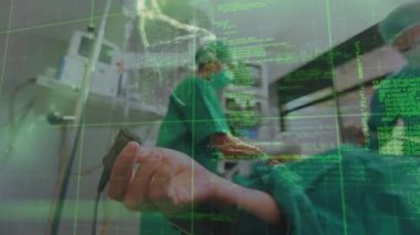 Animation of data processing and dna strand over diverse surgeons and patient. Global medicine, computing and digital interface concept digitally generated video.