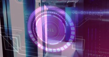 Animation of scope scanning with data processing over server room. Global technology, online security and digital interface concept digitally generated video.