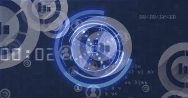 Animation of scope scanning and icons over data processing. Global technology, online security and digital interface concept digitally generated video.