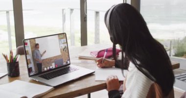 Animation of middle eastern girl in headphones having online lessons on laptop. Homeschooling, online lessons and education with technology concept digitally generated video.