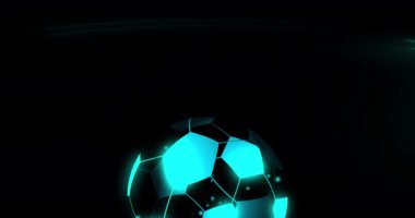 Animation of digital football on black background. Global sport, technology and digital interface concept digitally generated video.