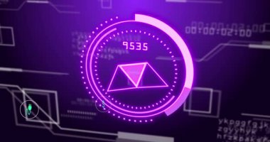 Animation of scope scanning with icons over data processing. Global technology, online security and digital interface concept digitally generated video.