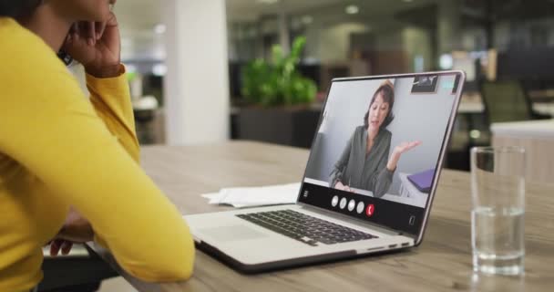 Animation Biracial Woman Having Video Call Laptop Business Communication Working — Video