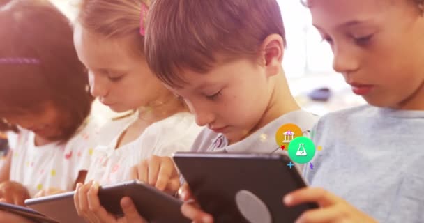 Animation Colorful Icons Diverse Schoolchildren Using Tablets Global Social Media — Wideo stockowe