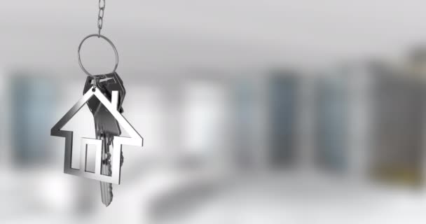 Animation Silver House Keys Hanging Blurred Background Copy Space Relocation — Stockvideo
