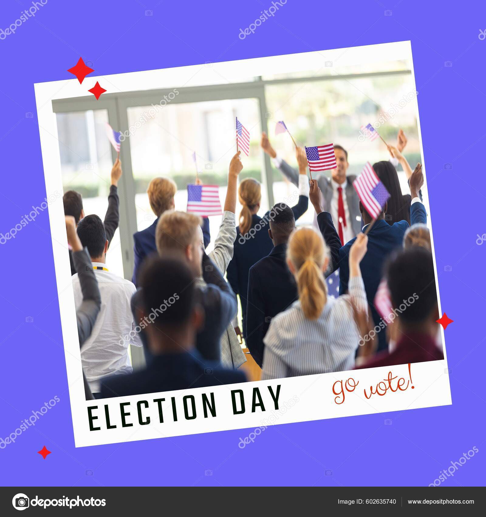 Rear View Multiracial Citizens Waving Flag America Election Day Text