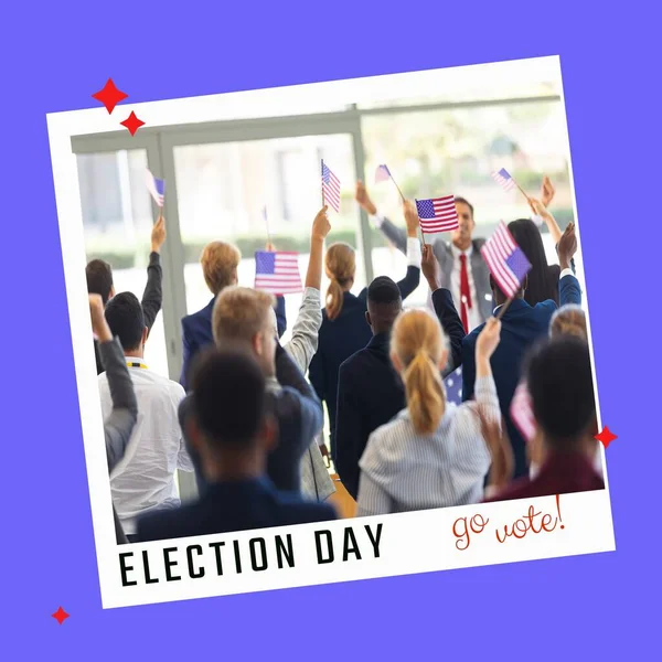 Rear view of multiracial citizens waving flag of america with election day text in blue frame. Copy space, digital composite, exercising civic duty, voting, law, holiday, democratic right.