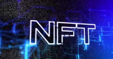 Animation of nft text over data processing. Global finance, computing, digital interface and data processing concept digitally generated video.
