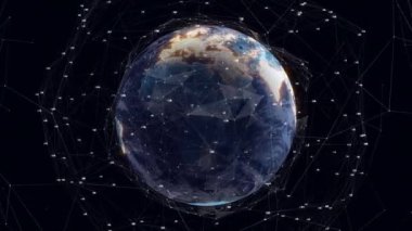 Animation of network of connections over spinning globe against black background. Global networking and business technology concept