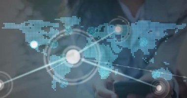 Animation of network of connections with world map over biracial woman using smartphone. Global connections, networks and data processing concept digitally generated video.