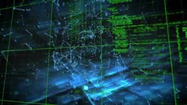 Animation of network of connections and data processing over light trails on black background. Global science, computing and digital interface concept digitally generated video.