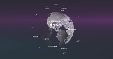 Animation of globe with data processing over light trails on black background. Global technology, computing and digital interface concept digitally generated video.