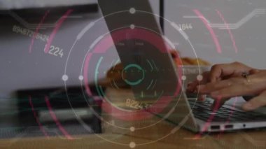 Animation of floating numbers, line graphs and circles over cropped hands of woman using laptop. Digital composite, multiple exposure, database, abstract, business and technology concept.