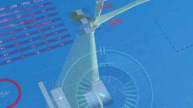 Rüzgar türbini üzerinde veri işleme animasyonu. küresel iş, ekoloji ve dijital arayüz kavramı dijital olarak oluşturulmuş video.