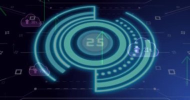 Animation of scope scanning with data processing over cloud icons and shapes. Global technology, online security and digital interface concept digitally generated video.