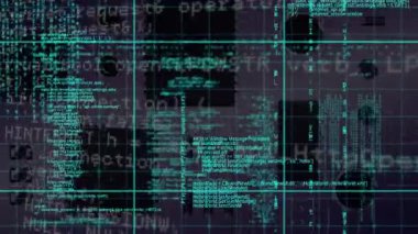 Animation of data processing over grid network against close up of a motherboard. Computer interface and business technology concept