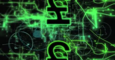 Animation of pound sterling sing over data processing. Global finance, computing, digital interface and data processing concept digitally generated video.