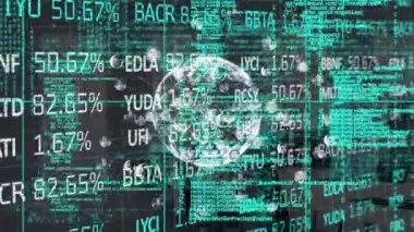 Animation of digital globe with profile icons and trading board over computers on desk in office. Digital composite, multiple exposure, hologram, telecommunication, investment, futuristic, technology.