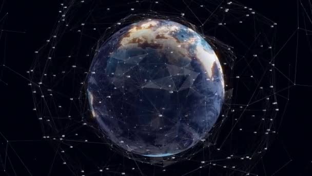 Animation Network Connections Spinning Globe Black Background Global Networking Business — Vídeo de Stock