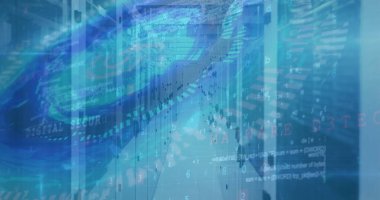 Image of scope scanning and data processing over computer servers in background. Digital interface global connection and communication concept digitally generated image.