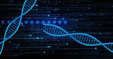 Image of dna strands over black background. global science and digital interface concept digitally generated image.