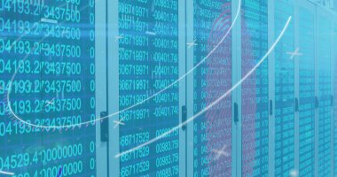 Image of scope scanning and data processing over computer servers. Digital interface global connection and communication concept digitally generated image.