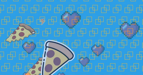 Multiple red heart and pizza slice icons against blue background. national pizza day awareness concept