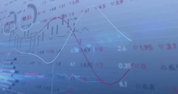 Image of financial data and graphs over blue background. global business, finance, economy and technology concept digitally generated image.