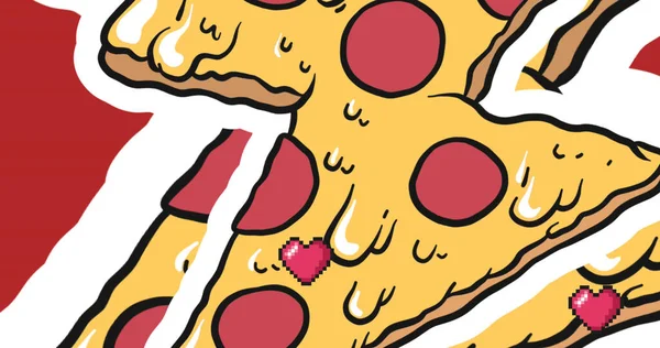 Multiple red heart floating against multiple pizza slice icons in seamless pattern. national pizza day awareness concept