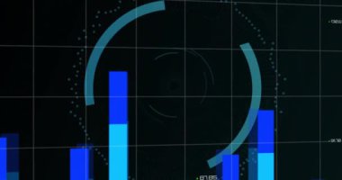 Animation of scope scanning with padlock icon and graph over world map on black background. Global technology, online security and digital interface concept digitally generated video.