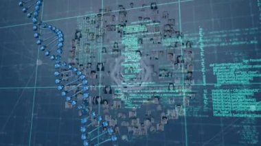 Animation of data processing over shapes and people icons. Global business and digital interface concept digitally generated video.