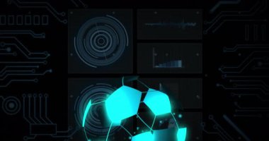 Animation of digital football over data processing on black background. Global sport, technology and digital interface concept digitally generated video.