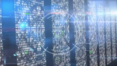 Işık noktalarının üzerinde veri işleme animasyonu. Küresel iş ve dijital arayüz kavramı dijital olarak oluşturulmuş video.