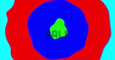 Animation of multicolored abstract pattern and blue sale text moving in green illuminated tunnel. Digitally generated, multiple exposure, advertisement, shopping, retail, banner, business, commerce.