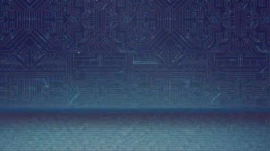 Digital animation of microprocessor connections against data processing on blue background. Global data processing digital interface and technology concept digitally generated image.