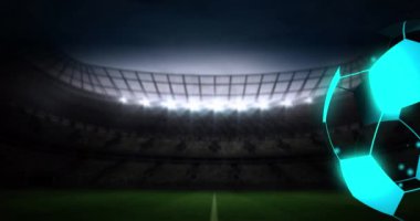 Animation of digital football over stadium. Global sport, technology and digital interface concept digitally generated video.