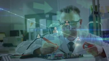 Animation of network of connections with people icons over caucasian male scientist. Global science, connections and networks concept digitally generated video.