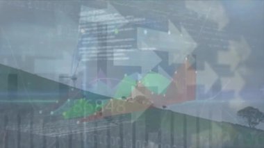 Animation of arrows and data processing over wind turbines. Global technology, computing and digital interface concept digitally generated video.