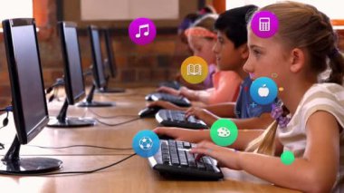 Animation of colorful icons over diverse schoolchildren using computers. Global social media, icons and digital interface concept digitally generated video.