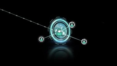 Animation of network of profile icons over neon ticking clock against black background. Global networking and business technology concept