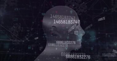 Animation of three dimensional human model rotating with numbers and various signs. Digital composite, technology, communication, connection, futuristic, networking, development, multiple exposure.