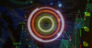 Image of scope scanning and data processing over cables in computer server in background. Digital interface global connection and communication concept digitally generated image.