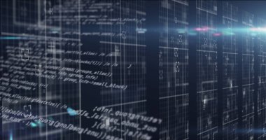 Image of data processing over tech room with computer servers. global technology data processing concept digitally generated image.