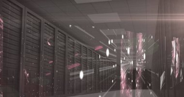 Digital image of Globe of digital icons and glowing spot of light over Plexus network against multiple servers. Global networking and online security concept