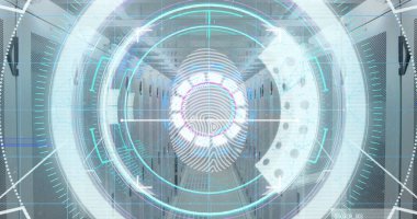 Image of scope scanning and biometric fingerprint over computer servers in background. Digital interface global connection and communication concept digitally generated image.