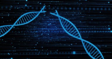 Image of dna strands over black background. global science and digital interface concept digitally generated image.