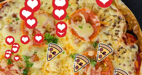 Multiple red heart and pizza slice icons against close up of pizza on grey surface. national pizza day awareness concept